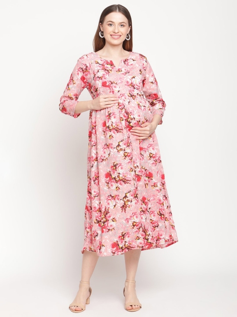 

Moms Maternity Pink Floral Crepe Maternity A-Line Midi Dress