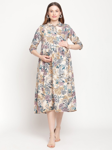 

Moms Maternity Cream-Coloured & Pink Floral Tie-Up Neck Crepe Maternity Midi Dress