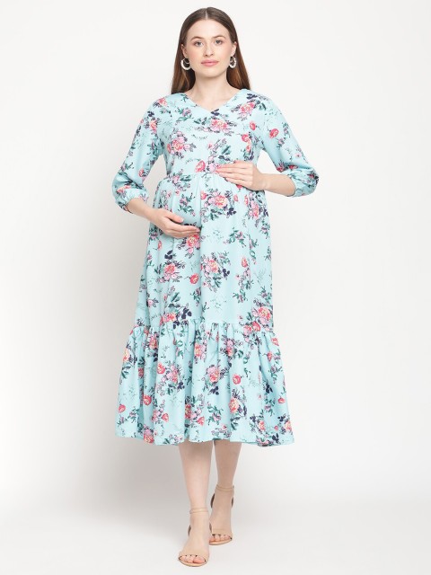 

Moms Maternity Blue & Pink Floral Maternity A-Line Midi Dress