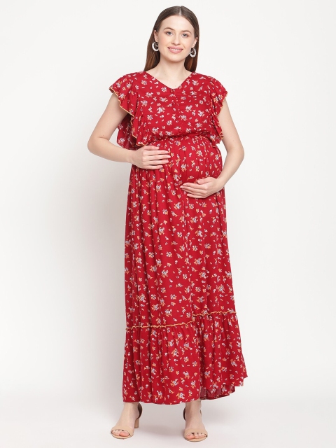 

Moms Maternity Red Floral Printed Maternity Fit & Flare Dress