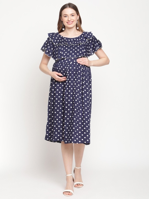 

Moms Maternity Women Navy Blue & White Polka Dot Print Maternity Midi Dress