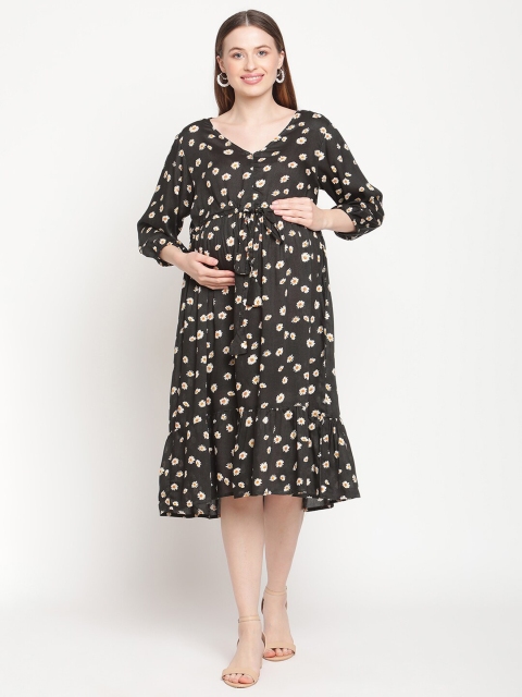 

Moms Maternity Black & White Floral Maternity A-Line Midi Dress