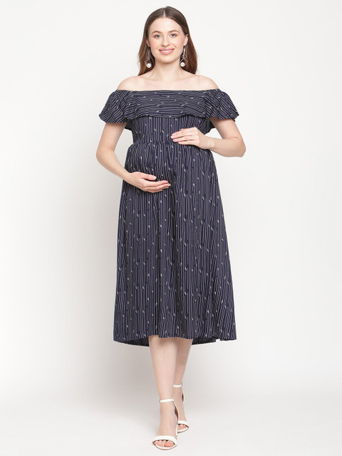

Moms Maternity Navy Blue & White Floral Off-Shoulder Maternity Midi Dress
