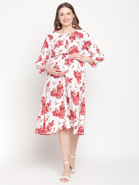 

Moms Maternity White & Pink Floral Crepe Maternity A-Line Midi Dress