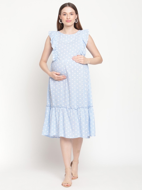 

Moms Maternity Women Blue Polka Dot Print Maternity A-Line Midi Dress