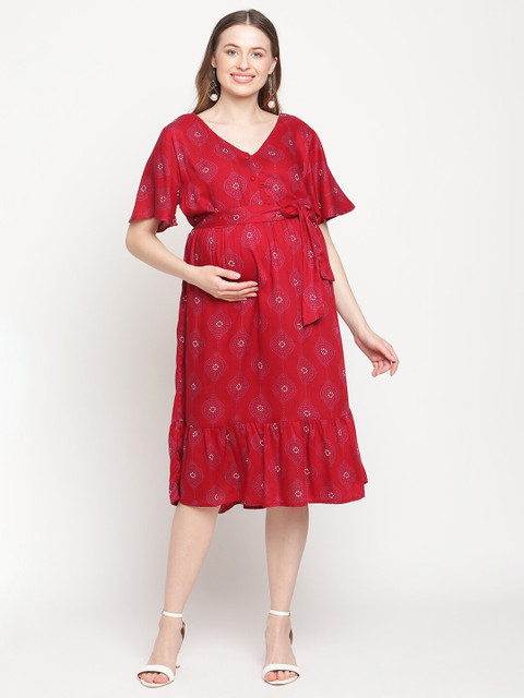 

Moms Maternity Red Ethnic Motifs Maternity A-Line Dress