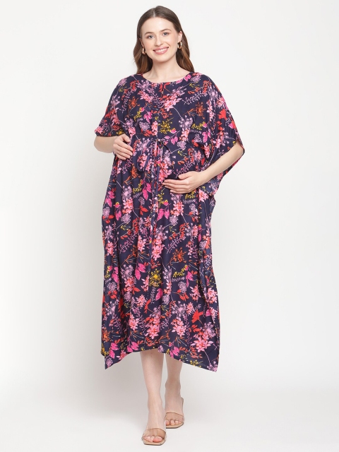 

Moms Maternity Navy Blue & Pink Floral Maternity Kaftan Midi Dress