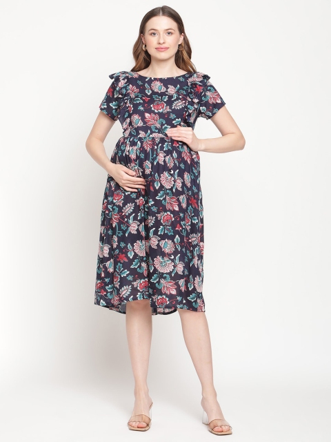 

Moms Maternity Navy Blue Floral Printed Maternity Fit & Flare Dress