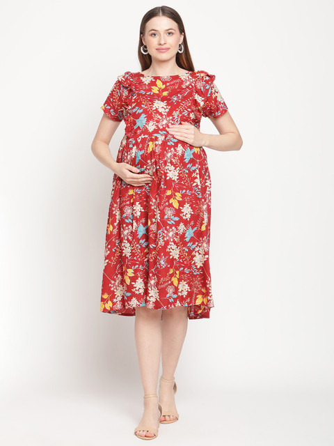 

Moms Maternity Red & Turquoise Blue Floral Maternity A-Line Dress