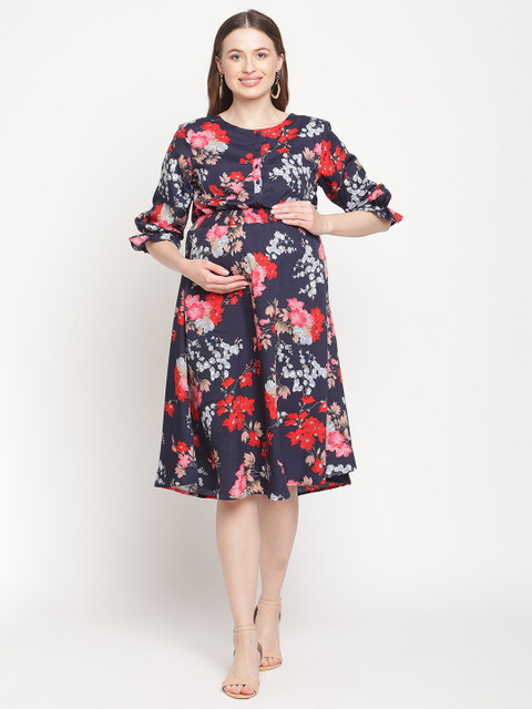 

Moms Maternity Navy Blue Floral Crepe Maternity Dress
