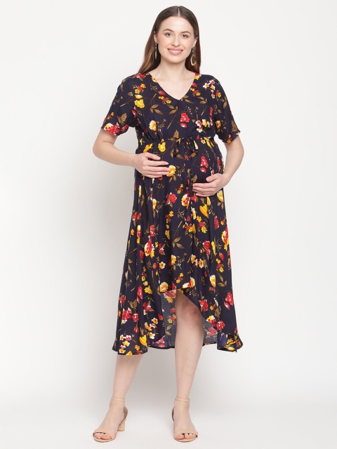 

Moms Maternity Navy Blue & Yellow Floral High-Low Maternity Wrap Midi Dress