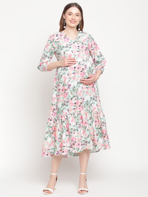 

Moms Maternity White & Pink Floral Crepe Maternity A-Line Midi Dress
