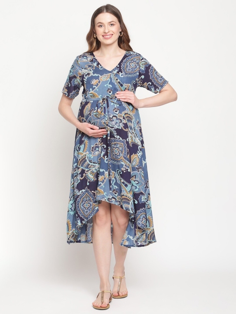 

Moms Maternity Navy Blue & Blue Floral Maternity A-Line Midi Dress