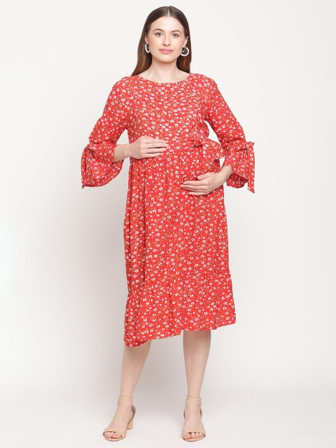 

Moms Maternity Red Floral Printed Maternity Midi Fit & Flare Dress
