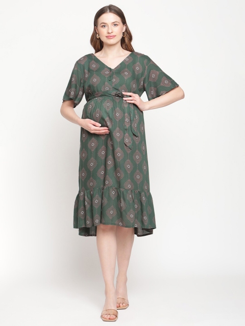 

Moms Maternity Green & Brown Floral Maternity A-Line Dress