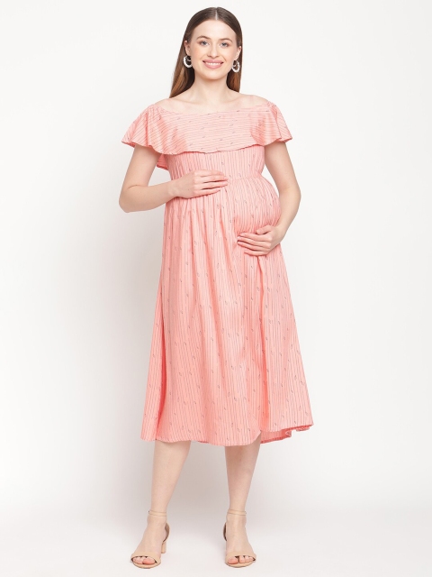 

Moms Maternity Peach-Coloured Striped Off-Shoulder Maternity Midi Dress