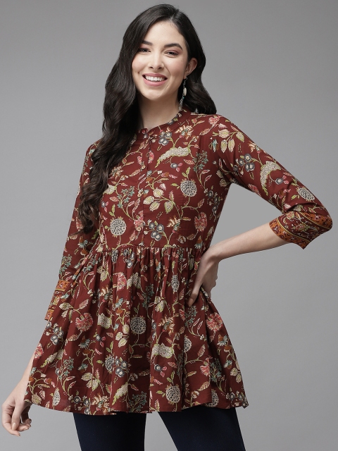 

Cayman Maroon Ethnic Motifs Printed Pure Cotton Empire Kurti