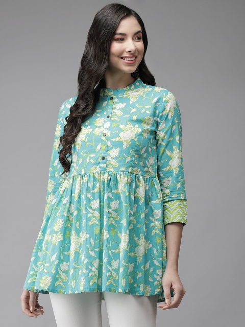 

Cayman Green Ethnic Motifs Printed Pure Cotton Empire Kurti