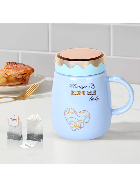 

DREAM WEAVERZ Blue Printed Ethnic Motifs Printed Ceramic Mug with Copper Lid