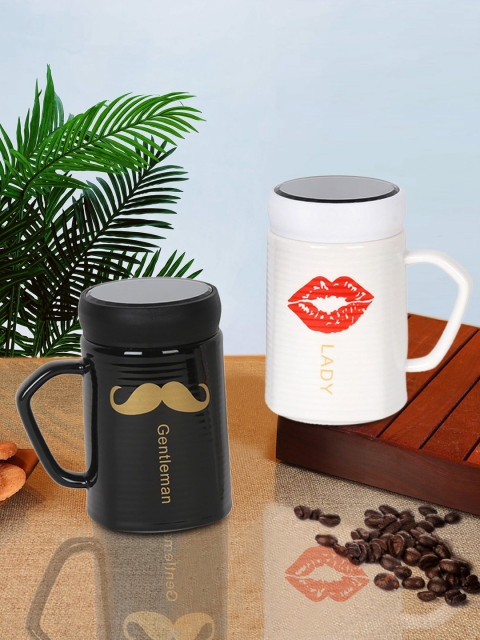 

DREAM WEAVERZ Set Of 2 Black & White Printed Ceramic Glossy Mugs With Lid