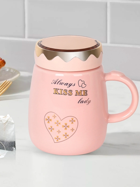 

DREAM WEAVERZ Pink & Gold-Toned Text or Slogans Printed Ceramic Glossy Mug with Lid