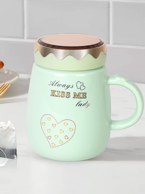 

DREAM WEAVERZ Green & Gold-Toned Printed Ceramic Glossy Mug With Copper Lid