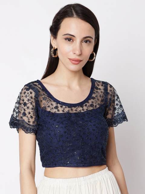 

SALWAR STUDIO Women Blue Embroidered Cotton Saree Blouse