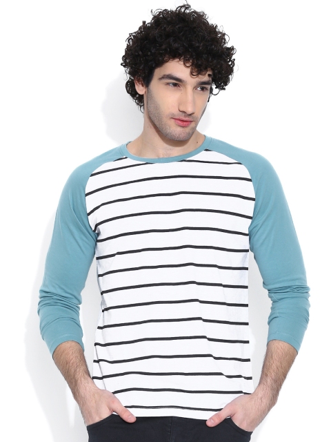

CULT FICTION Men White & Blue Striped Round Neck T-shirt
