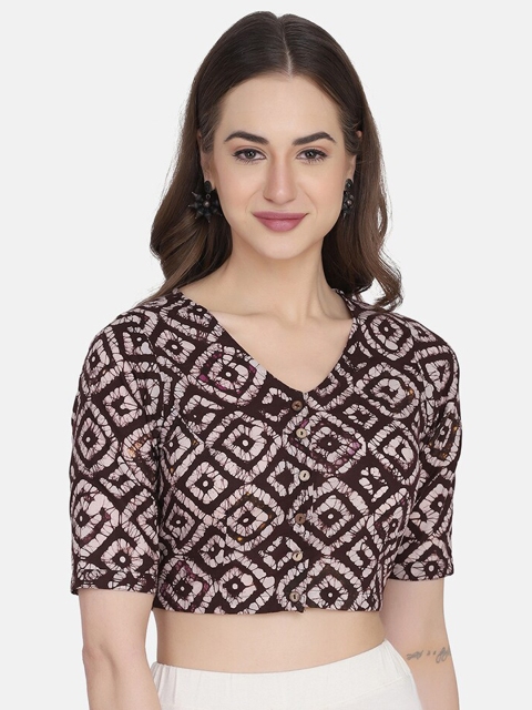 

THE WEAVE TRAVELLER Women Coffee Brown Printed Ready-Made Cotton Saree Blouse