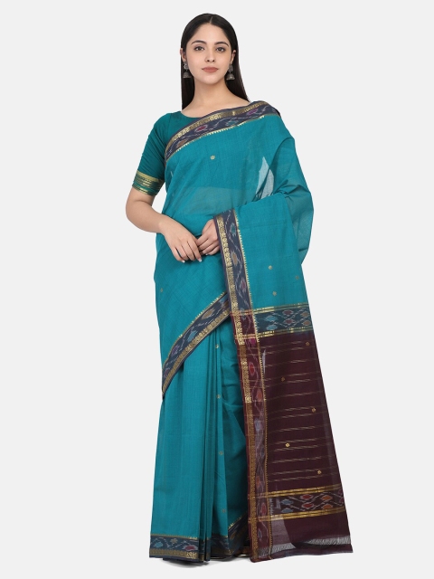 

THE WEAVE TRAVELLER Teal & Burgundy Woven Design Pure Cotton Mangalagiri Saree