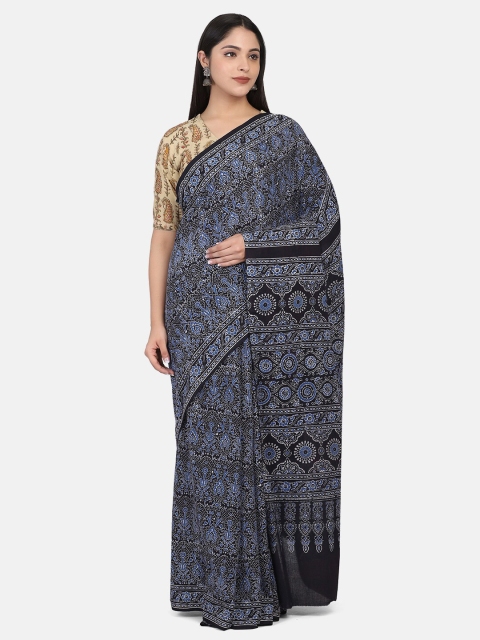 

THE WEAVE TRAVELLER Black & Blue Ajrakh Block Print Pure Cotton Saree
