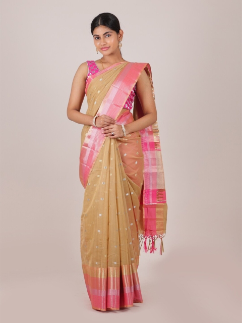 

Pothys Cream-Coloured & Pink Ethnic Motifs Zari Saree