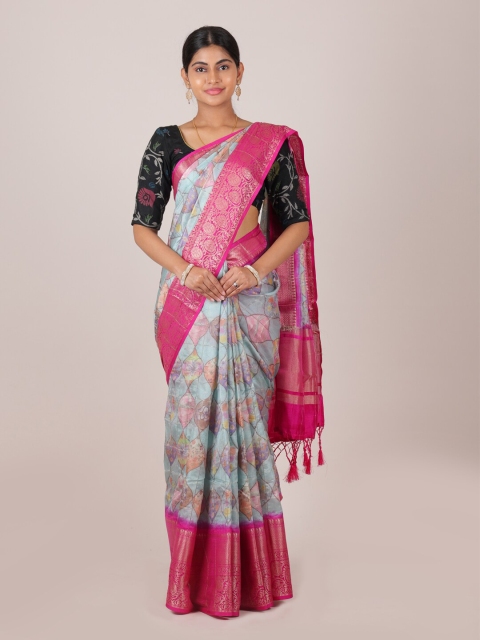 

Pothys Blue & Pink Floral Printed Zari Saree