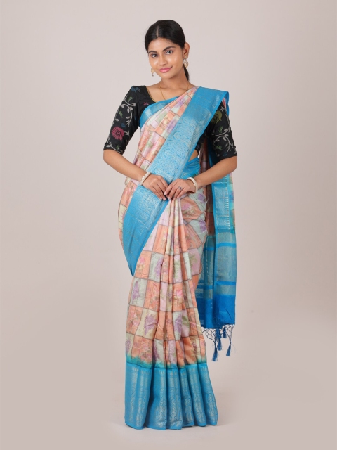 

Pothys Blue & Peach-Coloured Checked Cotton Blend Zari Saree