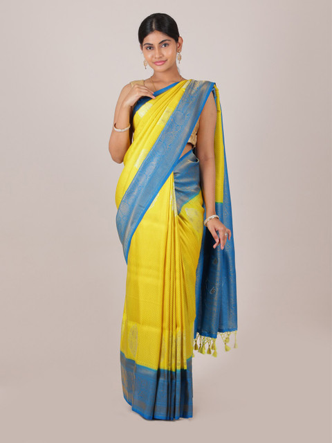 

Pothys Yellow & Silver-Toned Woven Design Zari Art Silk Banarasi Saree