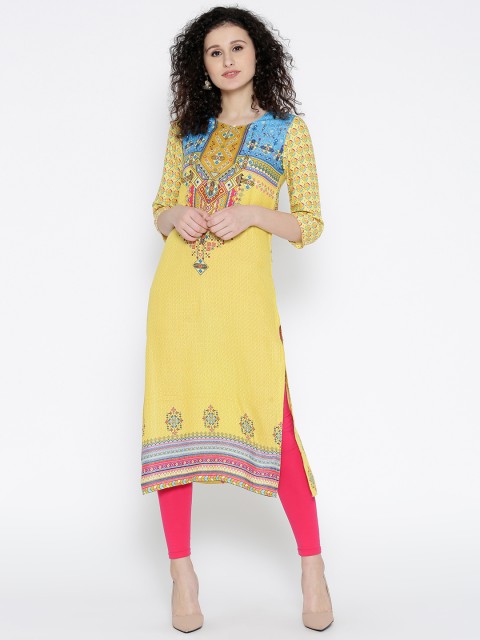 

Rangriti Women Yellow Printed Straight Kurta