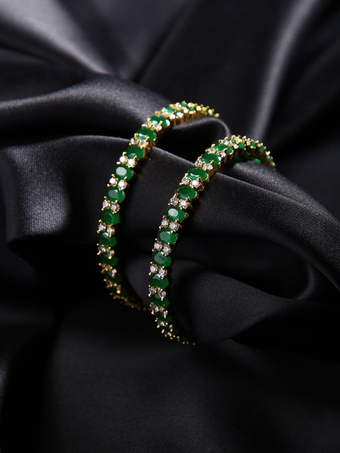 

justpeachy Set Of 2 Gold-Plated & Green Stone-Studded Bangles