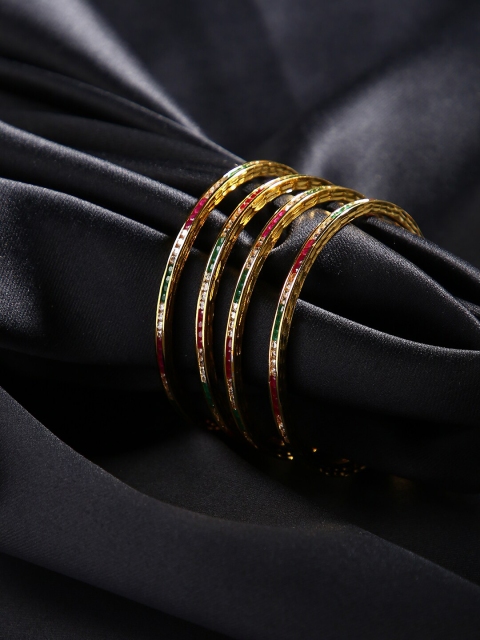 

justpeachy Set Of 4 Gold-Plated White & Green Stone-Studded Bangles