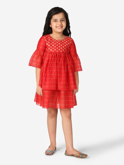 

Fabindia Girls Red & Gold-Toned Checked Zari Cotton Empire Dress