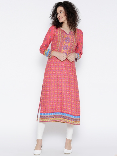 

Rangriti Women Pink Printed Straight Kurta