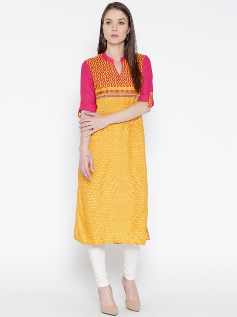 

Rangriti Women Yellow & Pink Printed Straight Kurta
