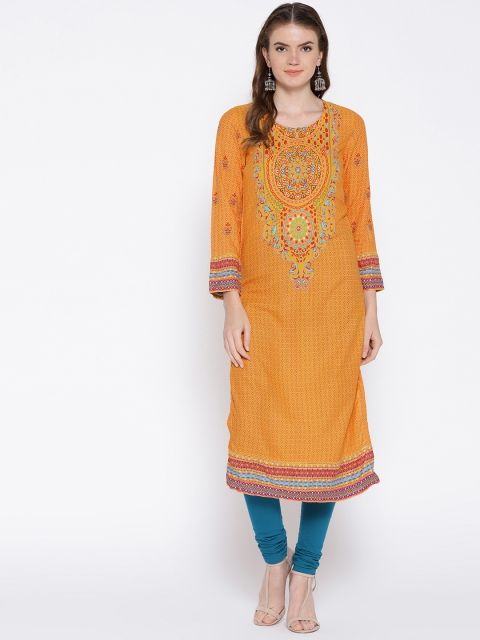 

Rangriti Women Yellow & Orange Printed Straight Kurta