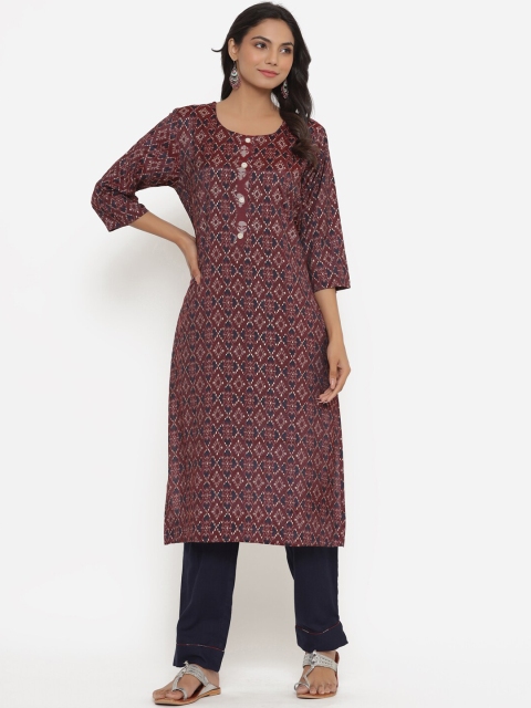 

Do Dhaage Women Maroon Ethnic Motifs Printed Kurta with Trousers