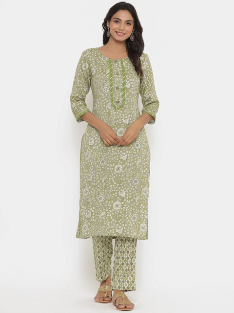 

Do Dhaage Women Green Ethnic Motifs Printed Kurta with Trousers