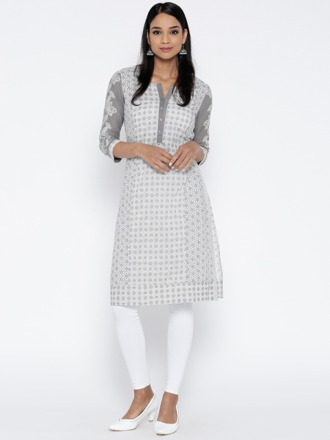 

Rangriti Women Grey & White Printed Straight Kurta