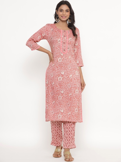 

Do Dhaage Women Pink Floral Printed Mirror Work Kurta with Palazzos