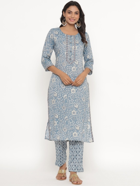 

Do Dhaage Women Grey Floral Printed Kurta with Trousers