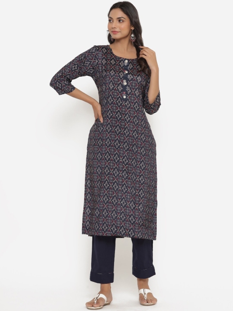 

Do Dhaage Women Navy Blue Ethnic Motifs Printed Kurta with Trousers