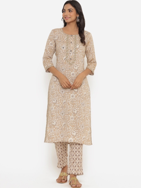 

Do Dhaage Women Beige & Brown Floral Printed Mirror Work Kurta with Trousers