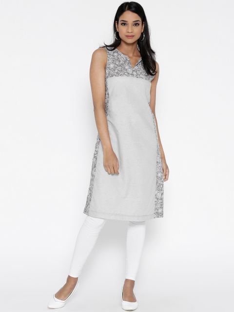 

Rangriti Women Grey & White Printed Straight Kurta